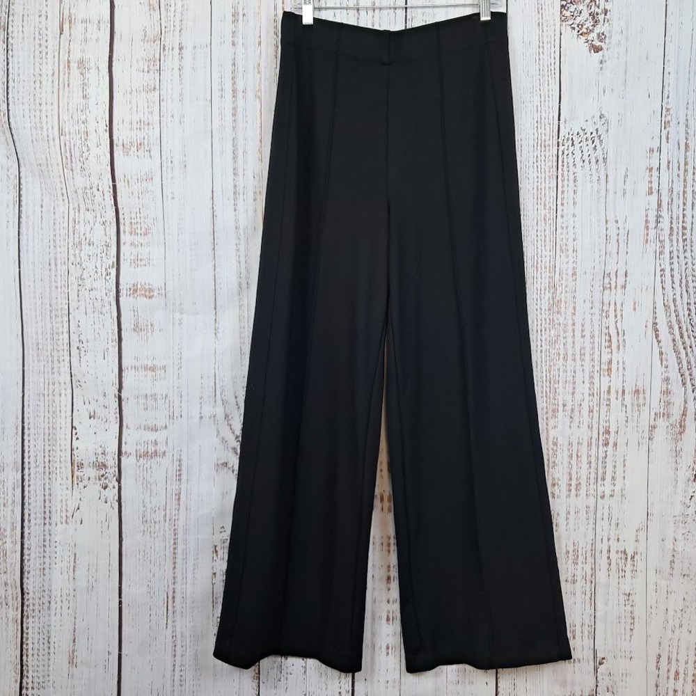 Jones New York L Black Wide Leg Pull On Pintuck Pants Back Pockets Ponte Knit